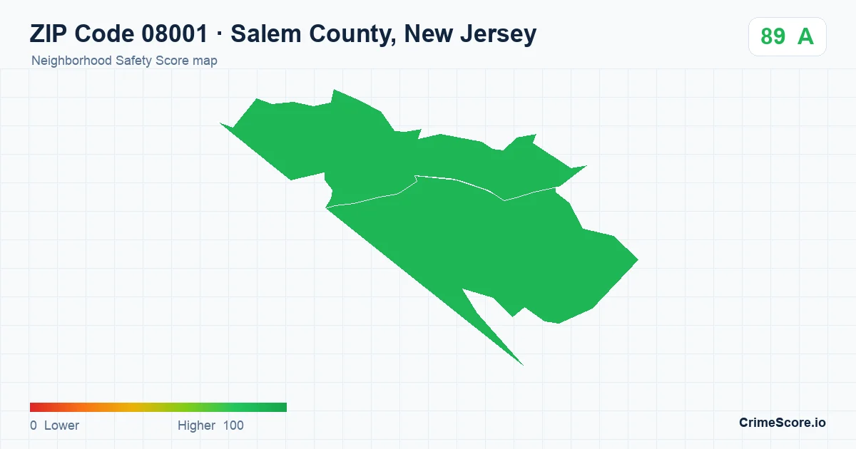 ZIP Code 08001 in Salem County, New Jersey neighborhood Safety Score map