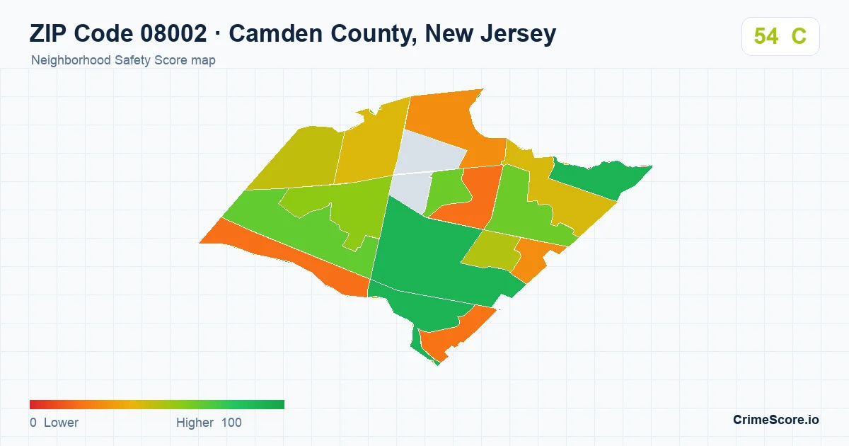ZIP Code 08002 in Camden County, New Jersey neighborhood Safety Score map
