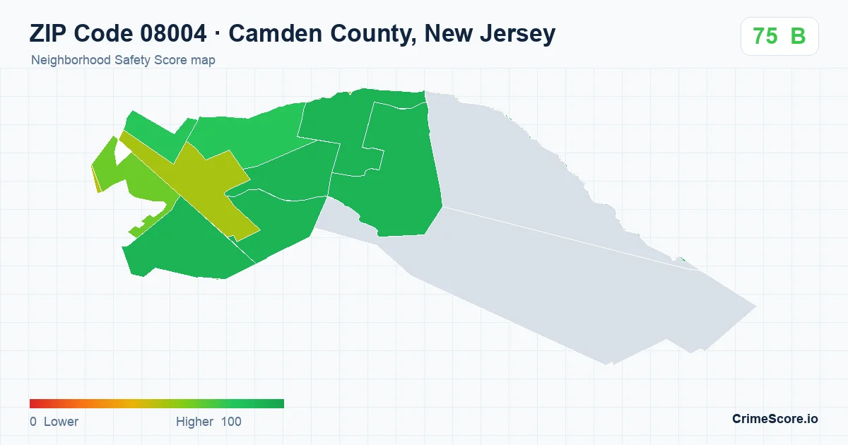 ZIP Code 08004 in Camden County, New Jersey neighborhood Safety Score map