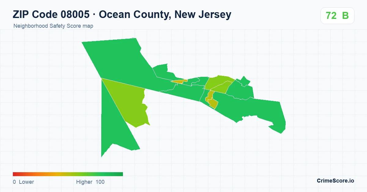 ZIP Code 08005 in Ocean County, New Jersey neighborhood Safety Score map