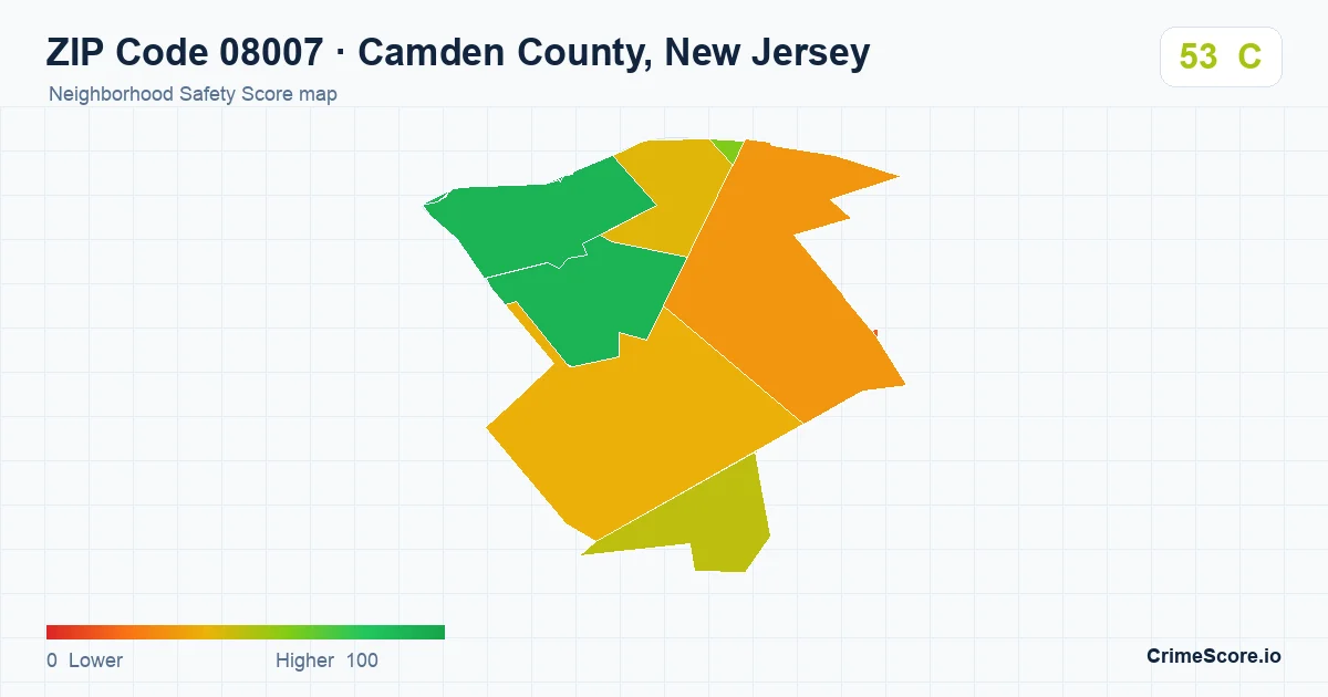 ZIP Code 08007 in Camden County, New Jersey neighborhood Safety Score map