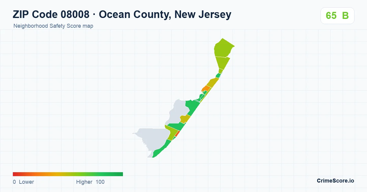 ZIP Code 08008 in Ocean County, New Jersey neighborhood Safety Score map