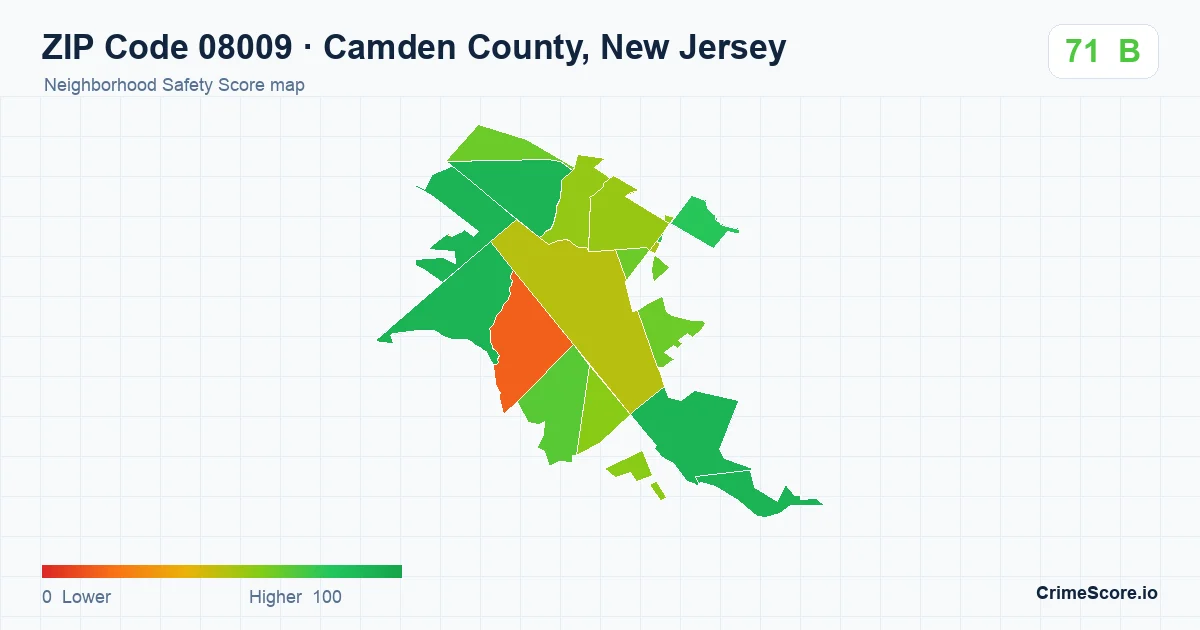 ZIP Code 08009 in Camden County, New Jersey neighborhood Safety Score map