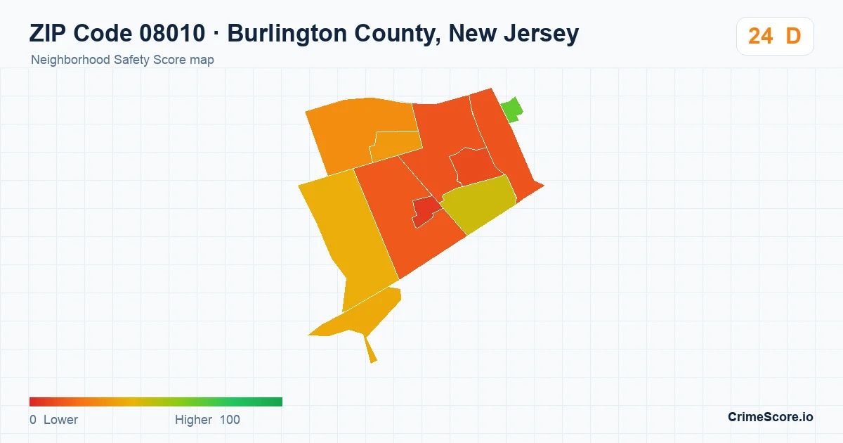 ZIP Code 08010 in Burlington County, New Jersey neighborhood Safety Score map
