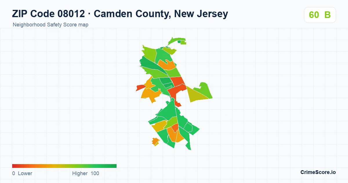 ZIP Code 08012 in Camden County, New Jersey neighborhood Safety Score map