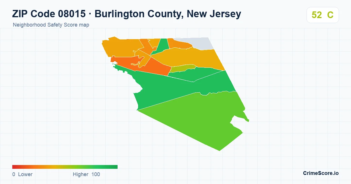 ZIP Code 08015 in Burlington County, New Jersey neighborhood Safety Score map