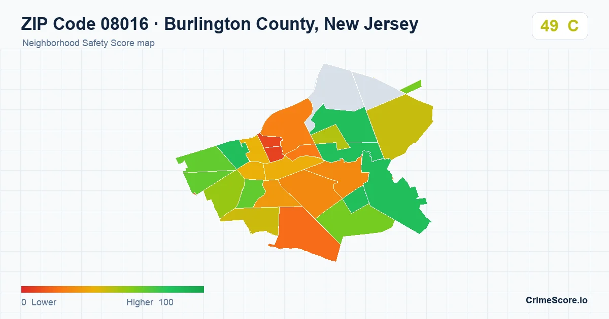 ZIP Code 08016 in Burlington County, New Jersey neighborhood Safety Score map