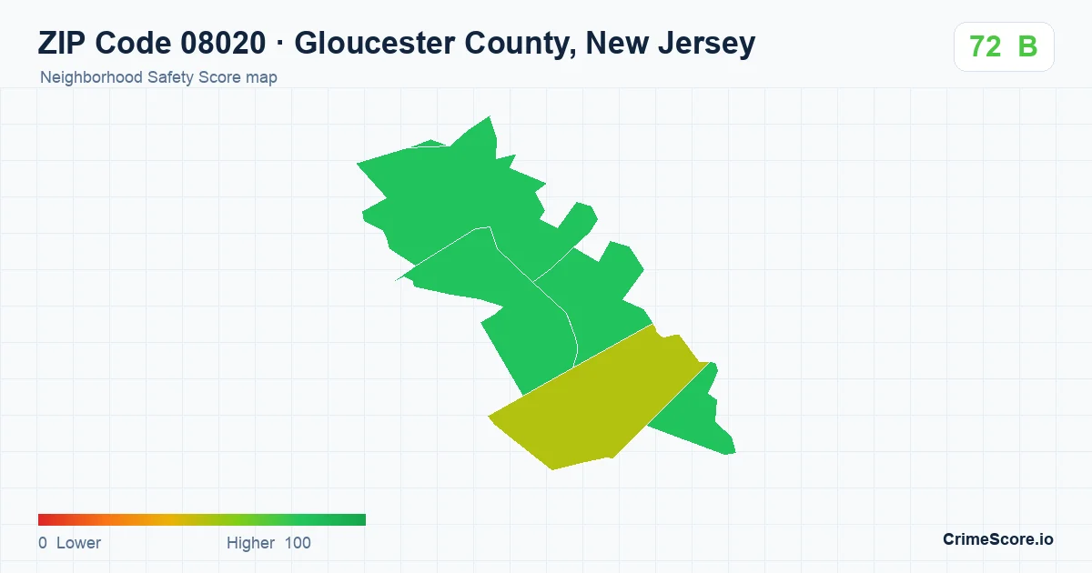 ZIP Code 08020 in Gloucester County, New Jersey neighborhood Safety Score map