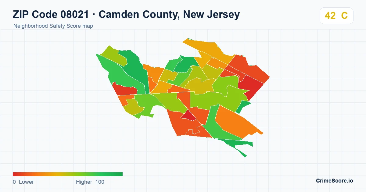 ZIP Code 08021 in Camden County, New Jersey neighborhood Safety Score map