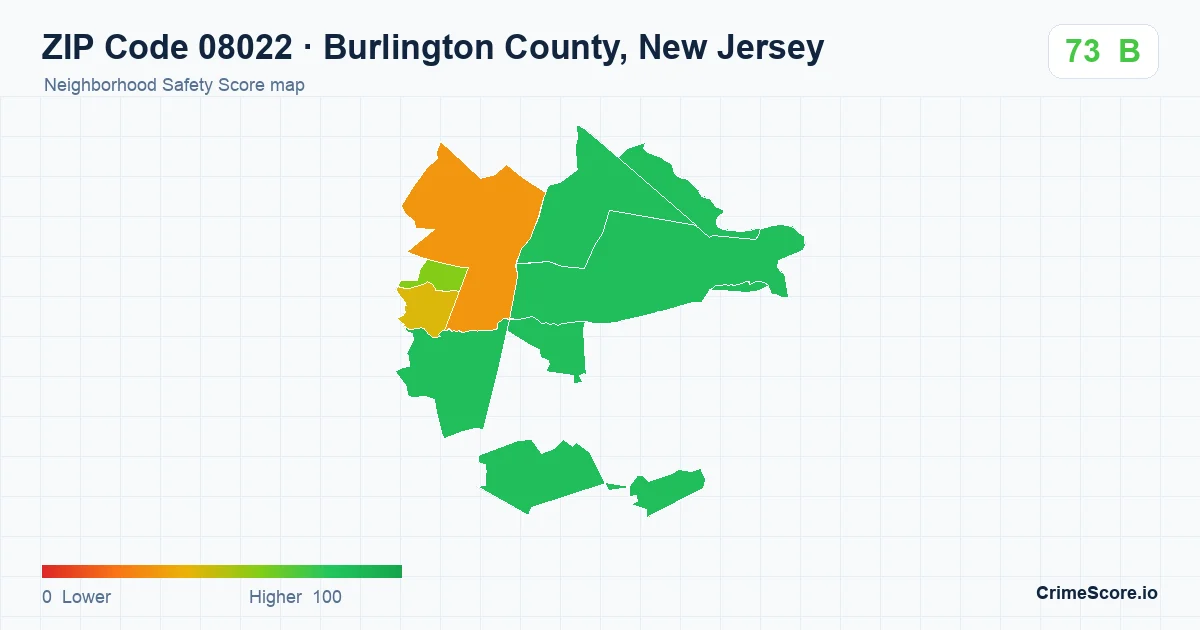 ZIP Code 08022 in Burlington County, New Jersey neighborhood Safety Score map