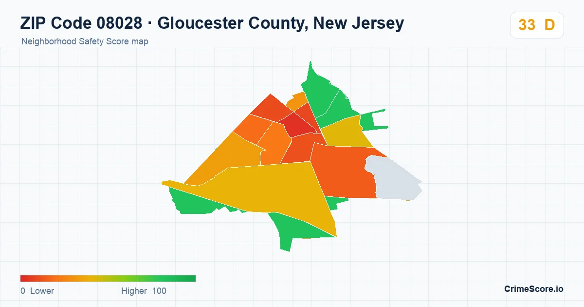 ZIP Code 08028 in Gloucester County, New Jersey neighborhood Safety Score map