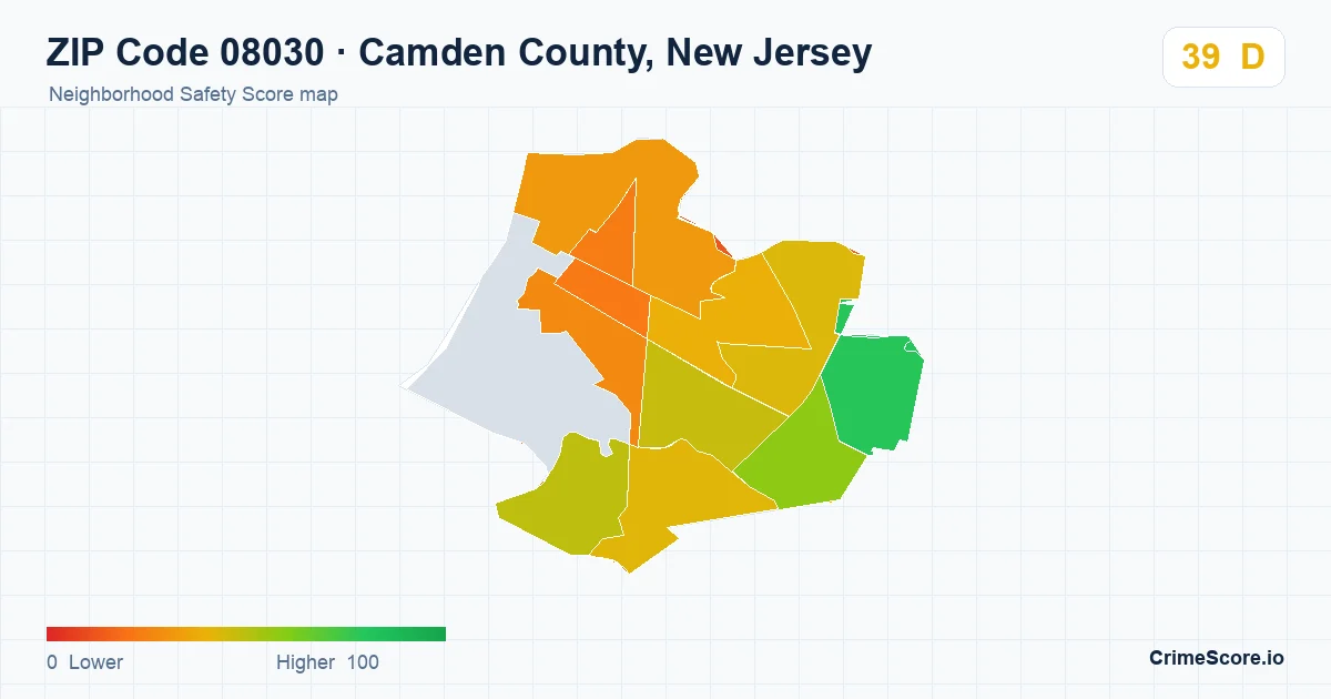 ZIP Code 08030 in Camden County, New Jersey neighborhood Safety Score map