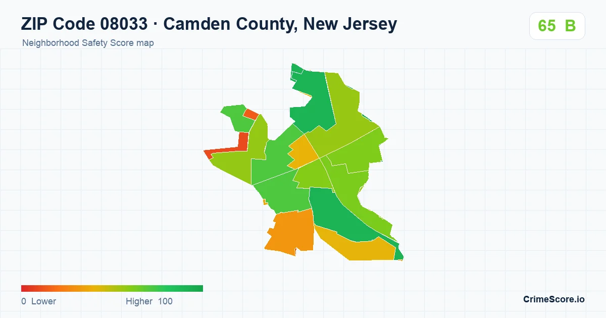 ZIP Code 08033 in Camden County, New Jersey neighborhood Safety Score map