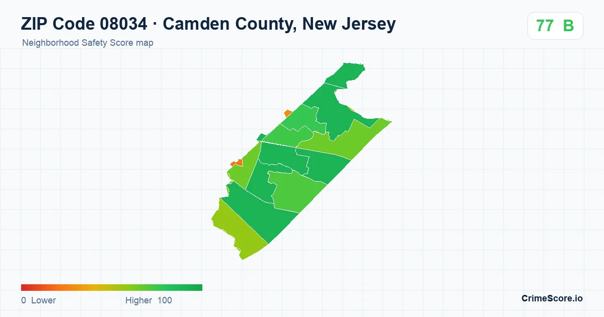 ZIP Code 08034 in Camden County, New Jersey neighborhood Safety Score map