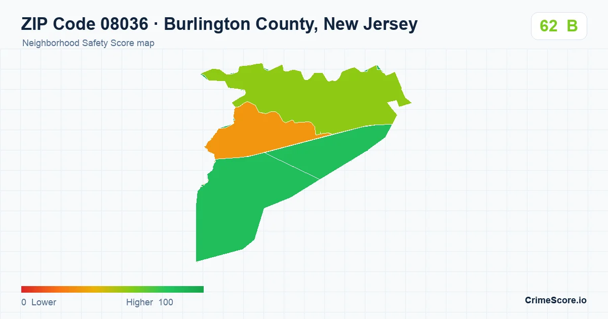 ZIP Code 08036 in Burlington County, New Jersey neighborhood Safety Score map