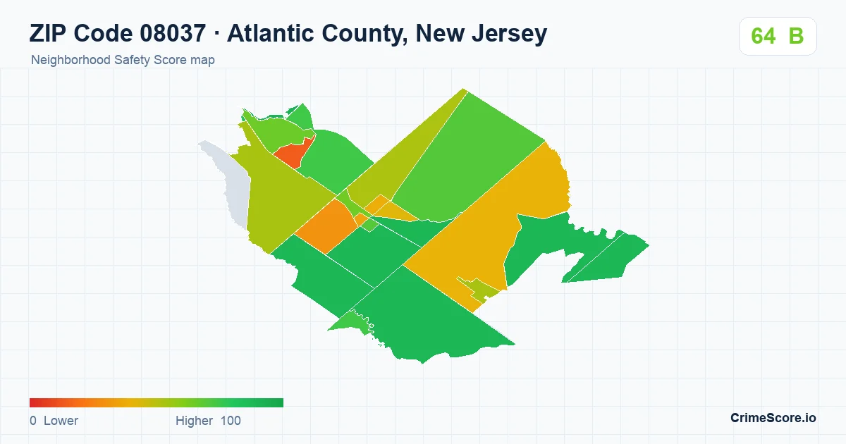 ZIP Code 08037 in Atlantic County, New Jersey neighborhood Safety Score map