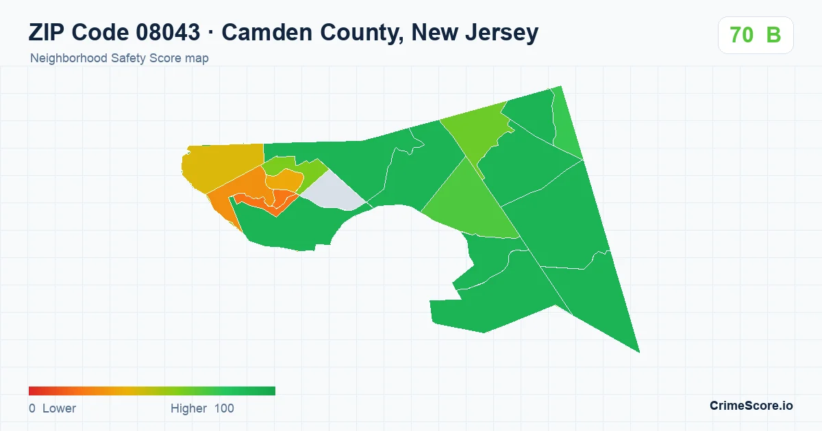ZIP Code 08043 in Camden County, New Jersey neighborhood Safety Score map