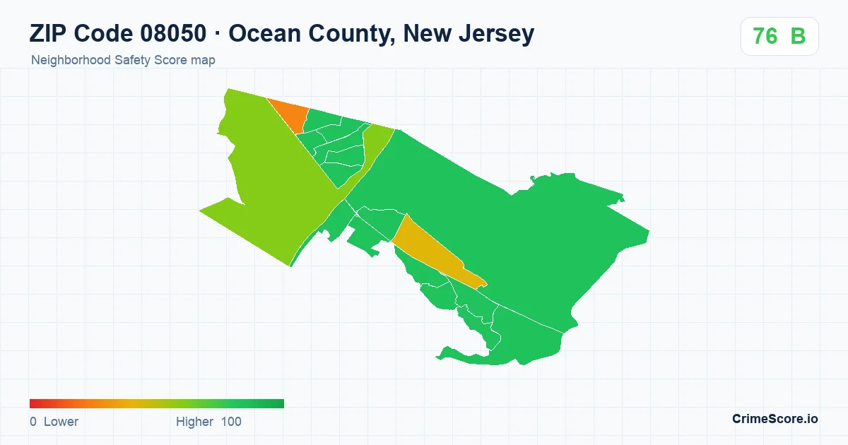 ZIP Code 08050 in Ocean County, New Jersey neighborhood Safety Score map