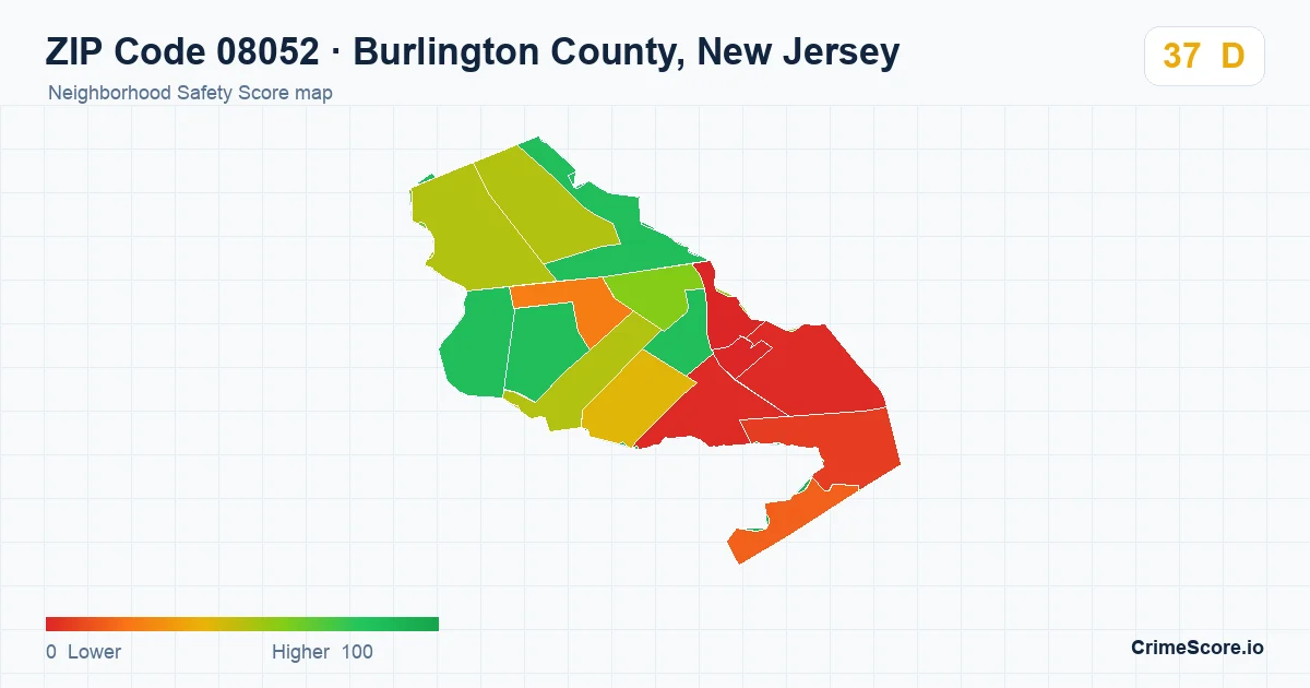 ZIP Code 08052 in Burlington County, New Jersey neighborhood Safety Score map
