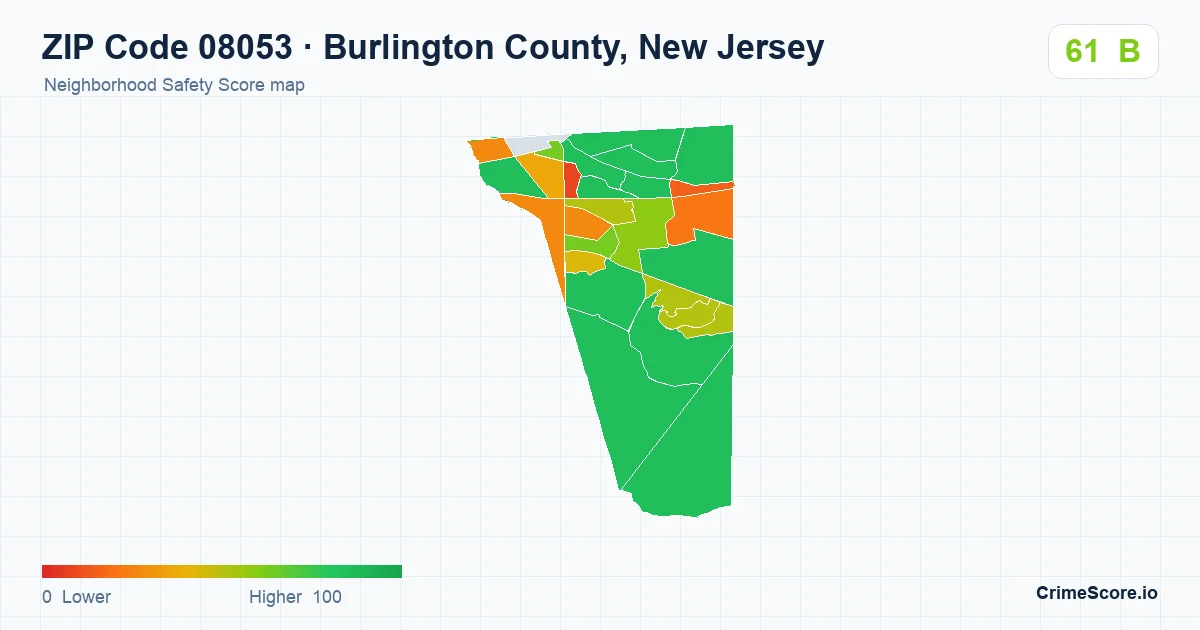 ZIP Code 08053 in Burlington County, New Jersey neighborhood Safety Score map