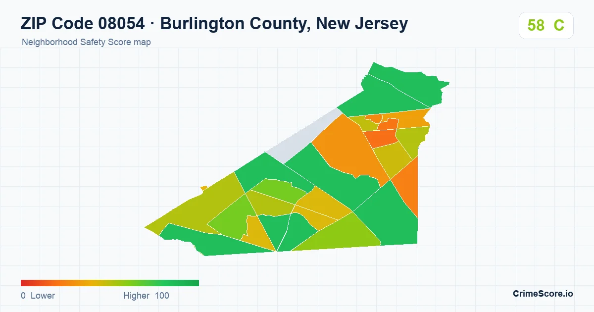 ZIP Code 08054 in Burlington County, New Jersey neighborhood Safety Score map