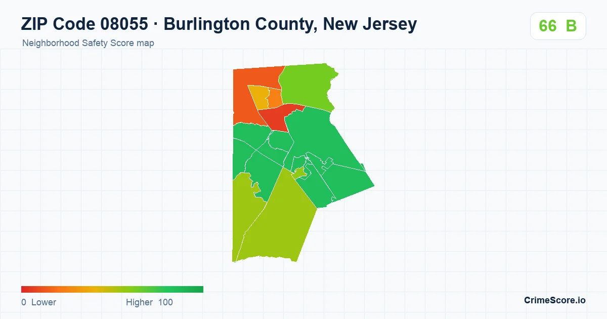 ZIP Code 08055 in Burlington County, New Jersey neighborhood Safety Score map