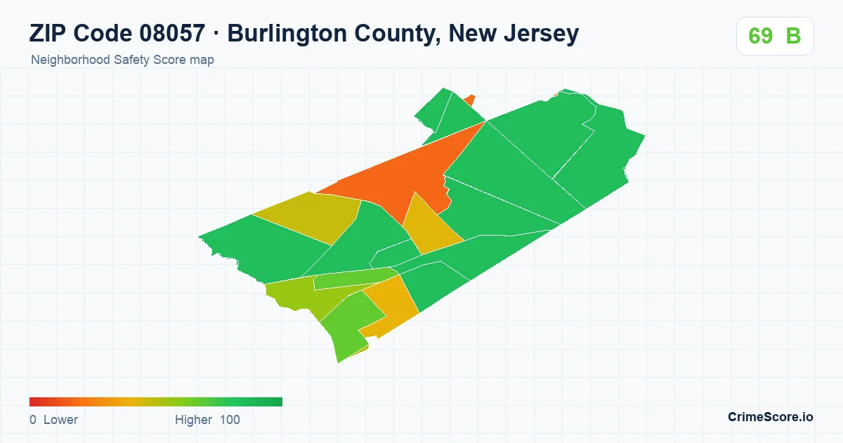 ZIP Code 08057 in Burlington County, New Jersey neighborhood Safety Score map