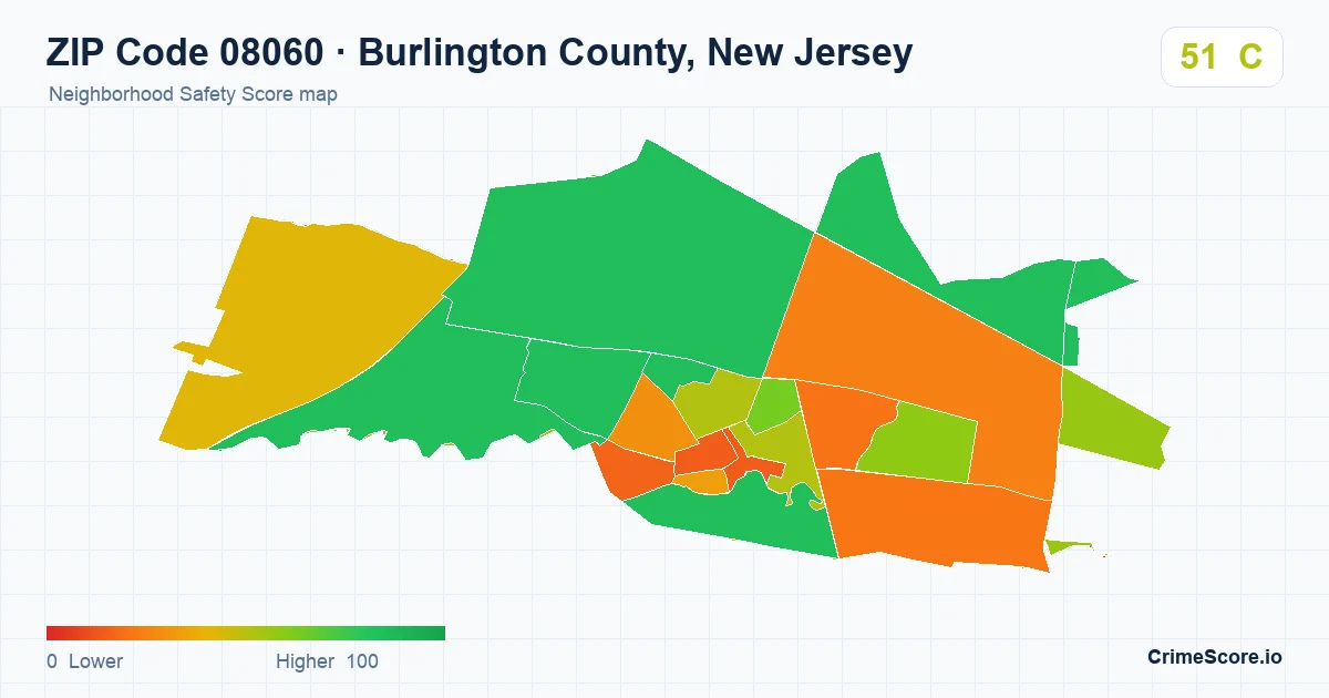 ZIP Code 08060 in Burlington County, New Jersey neighborhood Safety Score map