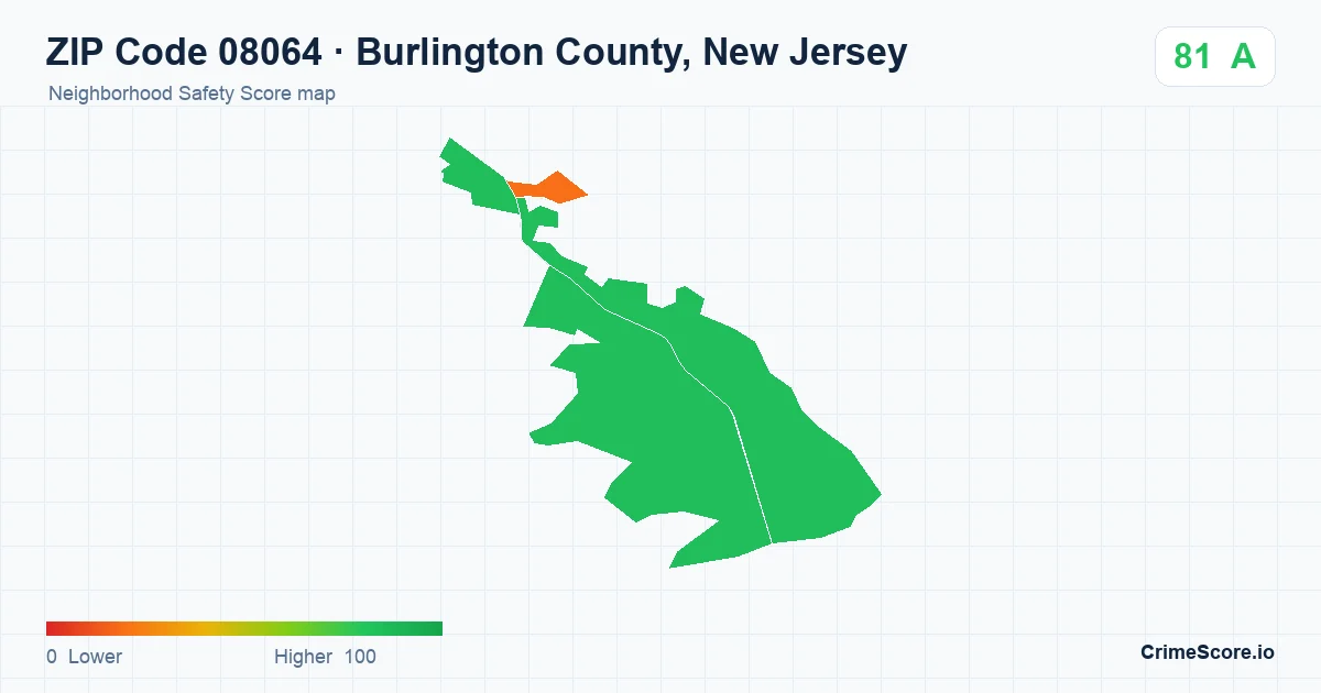 ZIP Code 08064 in Burlington County, New Jersey neighborhood Safety Score map