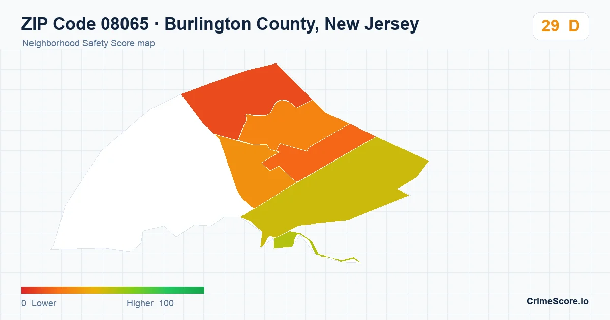 ZIP Code 08065 in Burlington County, New Jersey neighborhood Safety Score map