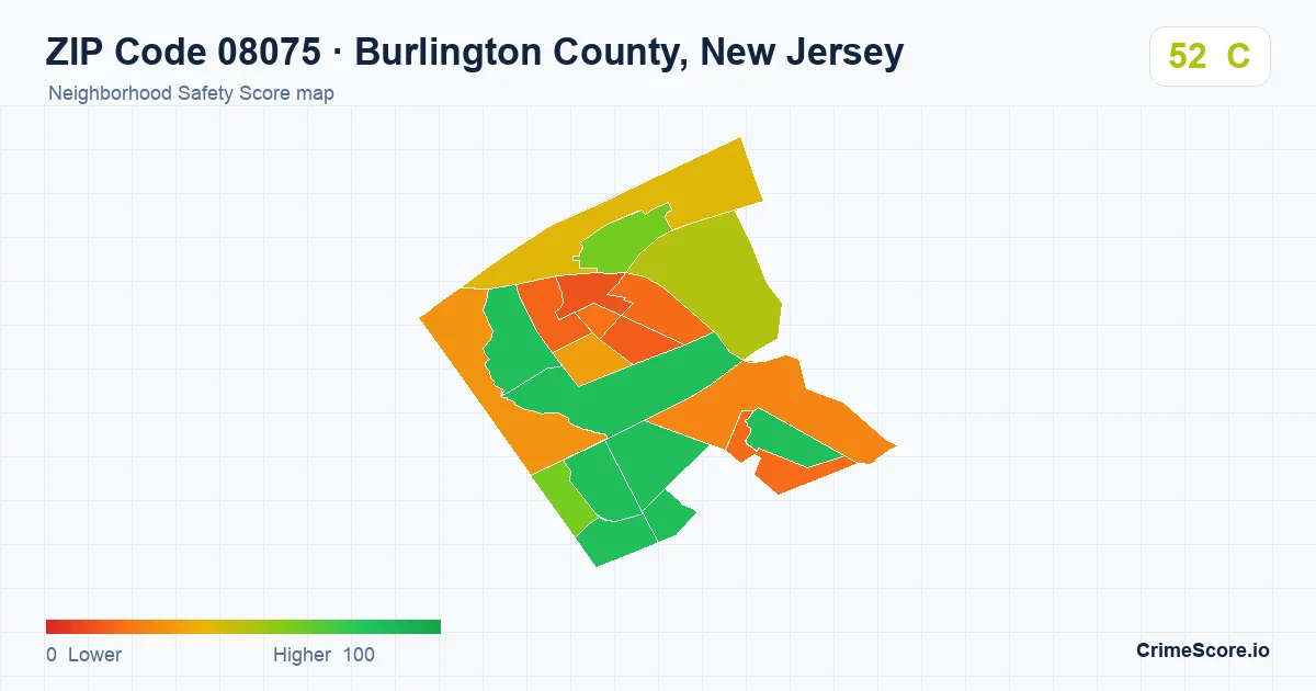 ZIP Code 08075 in Burlington County, New Jersey neighborhood Safety Score map