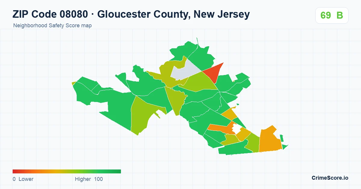 ZIP Code 08080 in Gloucester County, New Jersey neighborhood Safety Score map