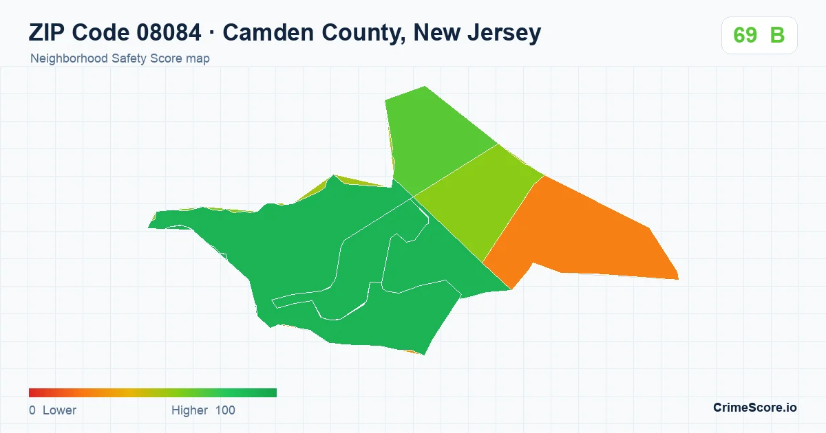 ZIP Code 08084 in Camden County, New Jersey neighborhood Safety Score map