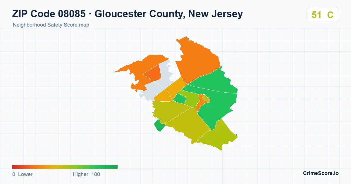 ZIP Code 08085 in Gloucester County, New Jersey neighborhood Safety Score map