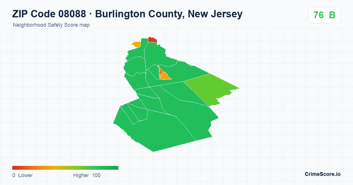 ZIP Code 08088 in Burlington County, New Jersey neighborhood Safety Score map