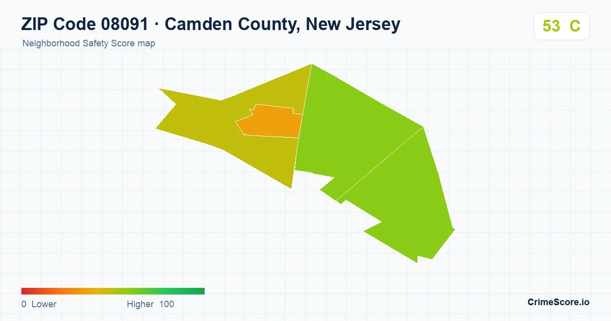 ZIP Code 08091 in Camden County, New Jersey neighborhood Safety Score map