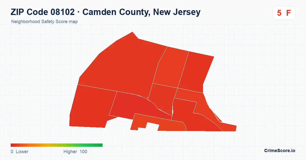 ZIP Code 08102 in Camden County, New Jersey neighborhood Safety Score map