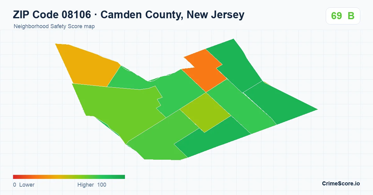 ZIP Code 08106 in Camden County, New Jersey neighborhood Safety Score map