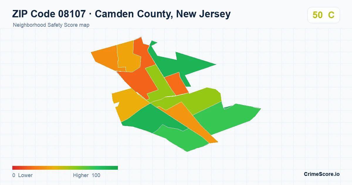 ZIP Code 08107 in Camden County, New Jersey neighborhood Safety Score map