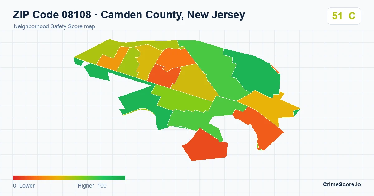 ZIP Code 08108 in Camden County, New Jersey neighborhood Safety Score map
