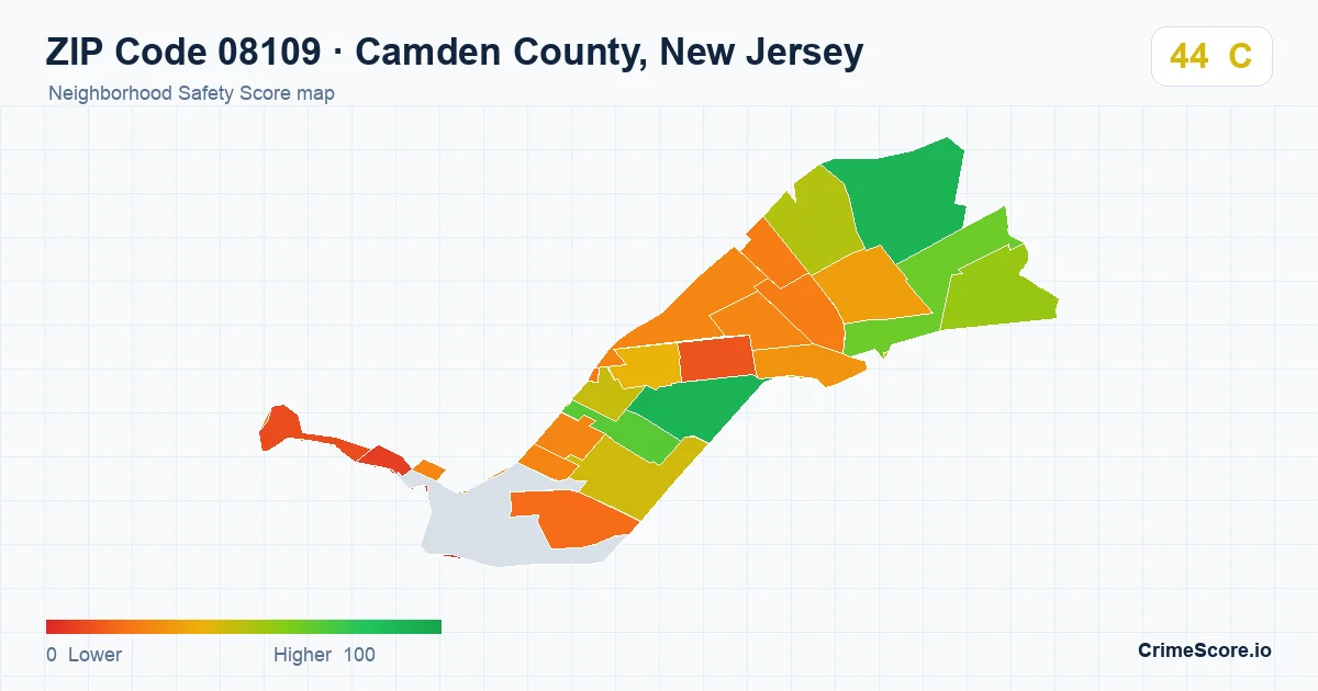 ZIP Code 08109 in Camden County, New Jersey neighborhood Safety Score map