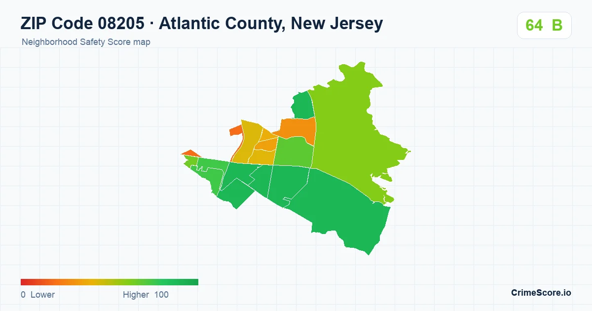 ZIP Code 08205 in Atlantic County, New Jersey neighborhood Safety Score map