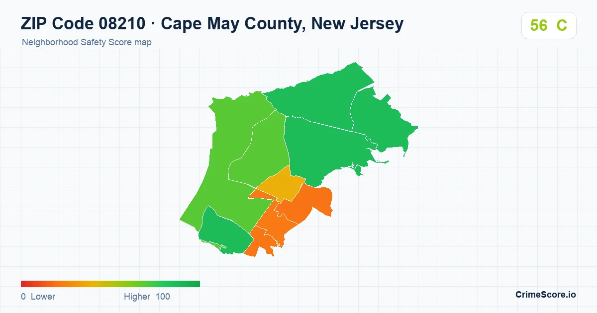 ZIP Code 08210 in Cape May County, New Jersey neighborhood Safety Score map