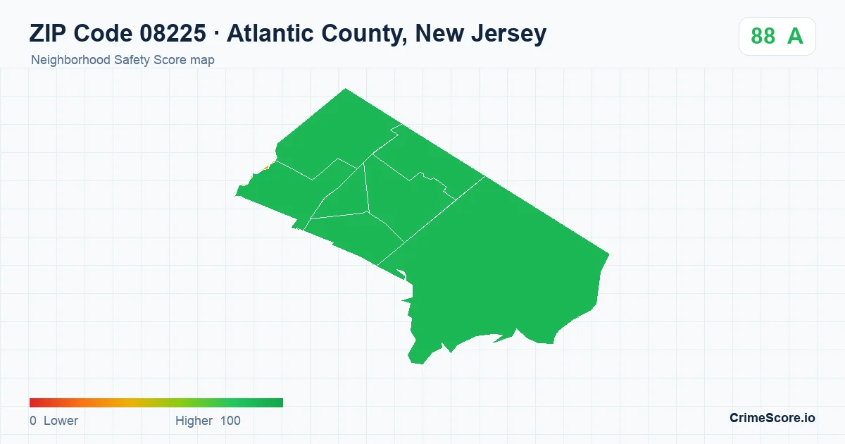 ZIP Code 08225 in Atlantic County, New Jersey neighborhood Safety Score map