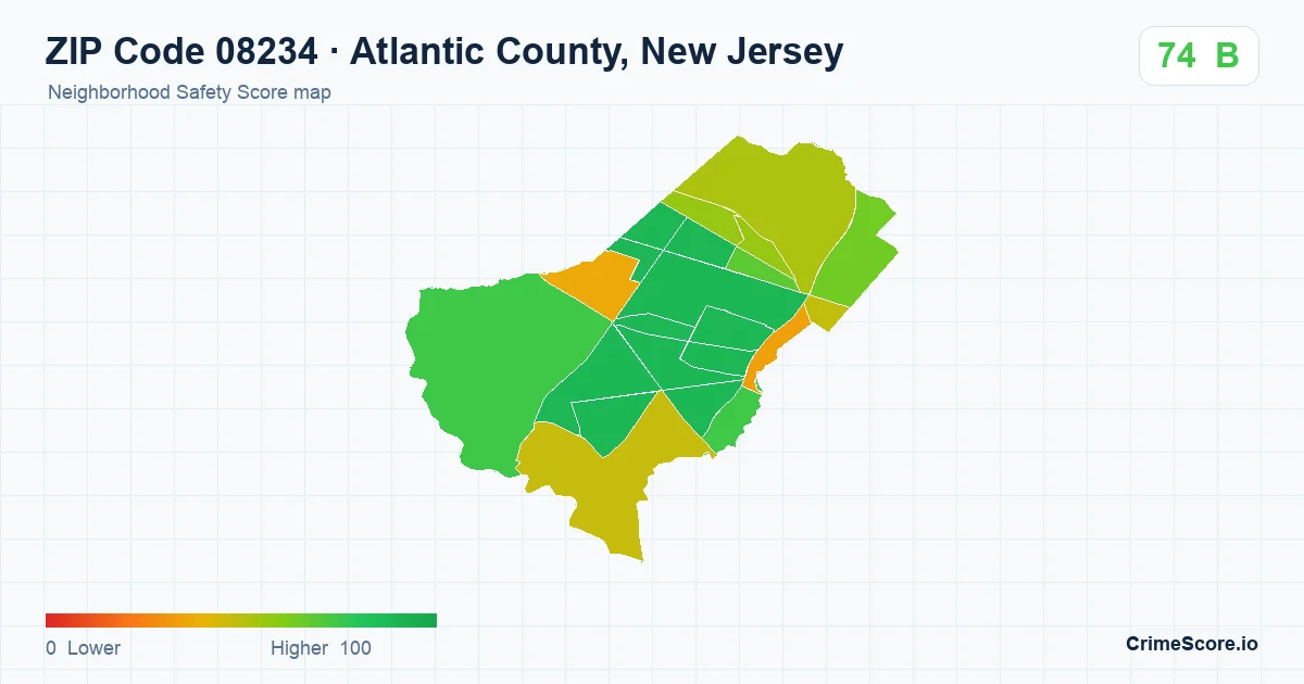 ZIP Code 08234 in Atlantic County, New Jersey neighborhood Safety Score map