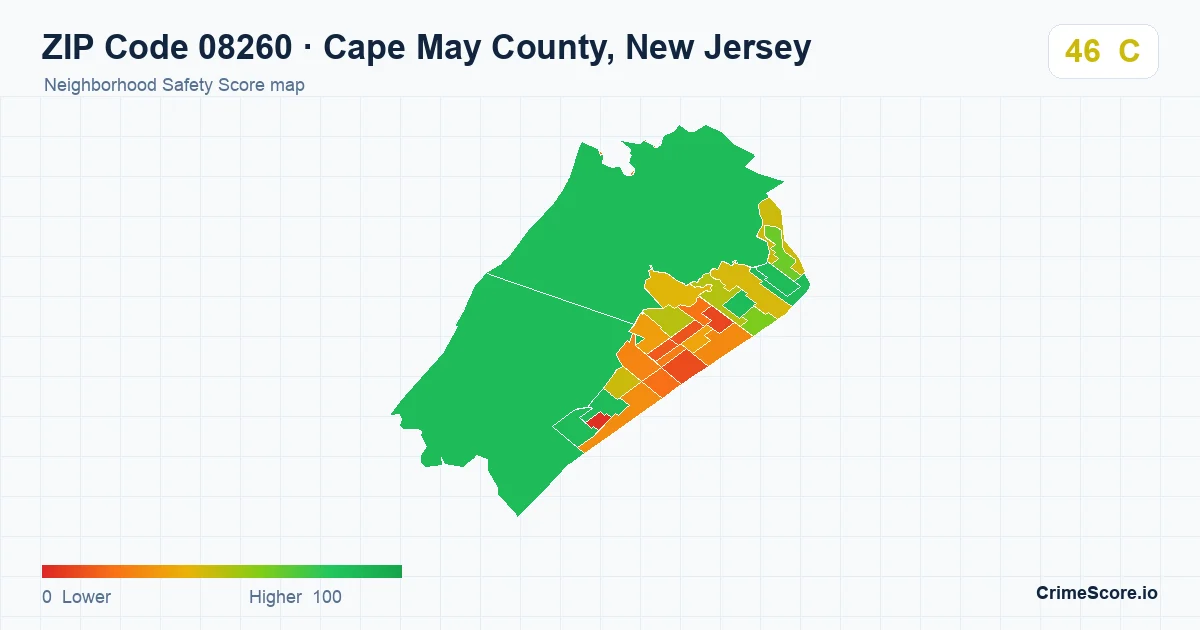 ZIP Code 08260 in Cape May County, New Jersey neighborhood Safety Score map