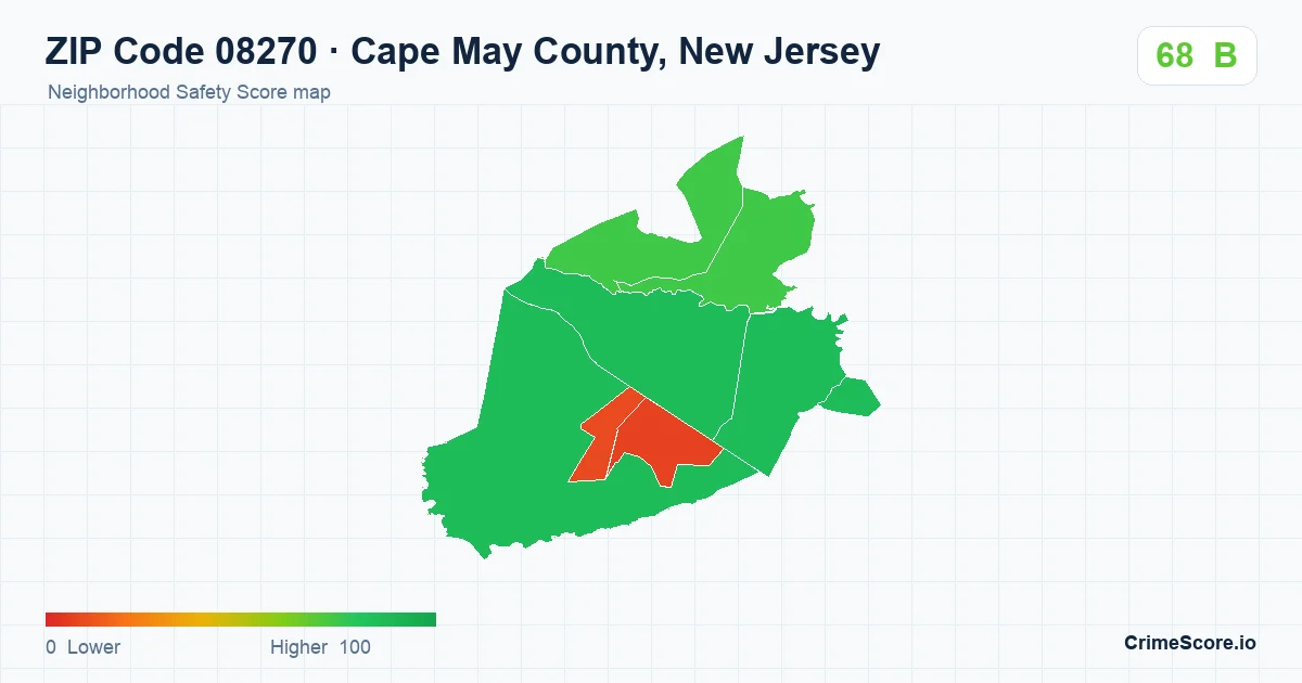 ZIP Code 08270 in Cape May County, New Jersey neighborhood Safety Score map