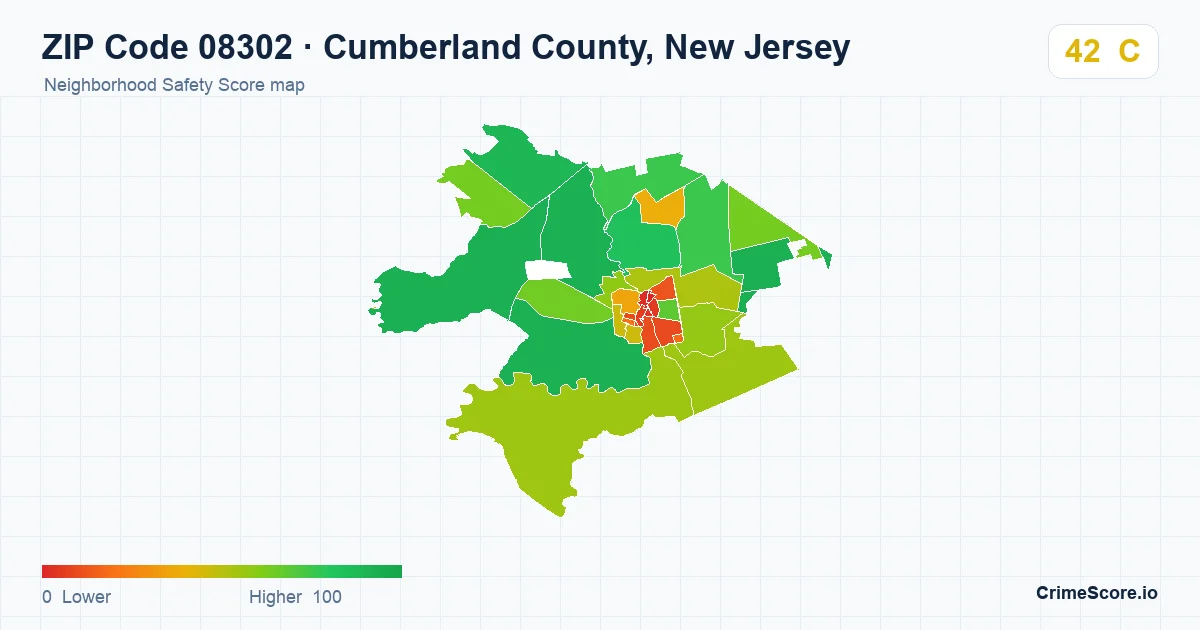 ZIP Code 08302 in Cumberland County, New Jersey neighborhood Safety Score map