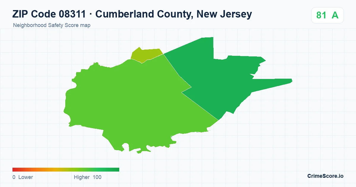 ZIP Code 08311 in Cumberland County, New Jersey neighborhood Safety Score map