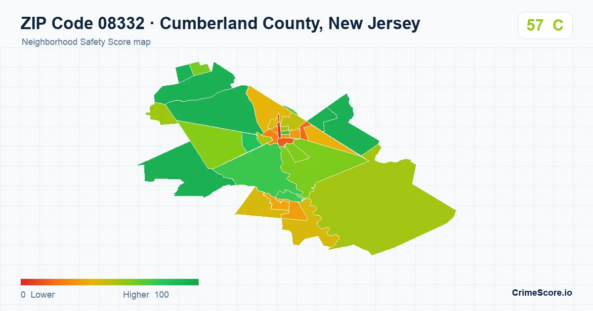 ZIP Code 08332 in Cumberland County, New Jersey neighborhood Safety Score map